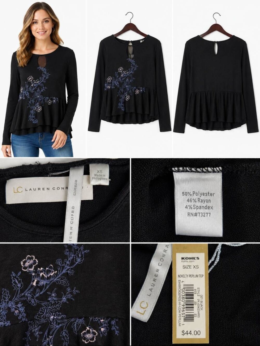 Lauran Conrad M Black Embroidered Peplum Sweater